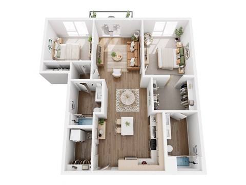 A top-down view of a small, neatly organized apartment with a kitchen, living room, and bedrooms.